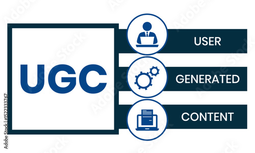 UGC. User-generated Content acronym. lettering illustration with icons for web banner, flyer, landing page, presentation, book cover, article, etc.