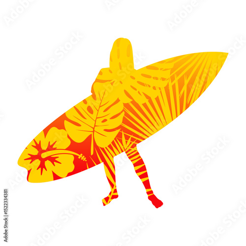 Logo club de surf. Silueta de mujer de pie con tabla de surf con plantas tropicales	