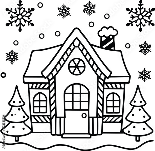 Cute Winter House Coloring Page with Snow and Snowflakes