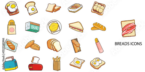 Bread Food simple concept 24 Hand drawn Color icons set. Vector illustration.