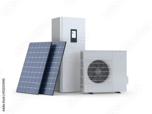 Heat pump with solar panels on transparent background, 3d illustration