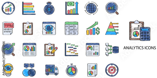 Analytics simple concept 24 hand drawn color icons set. Vector illustration.