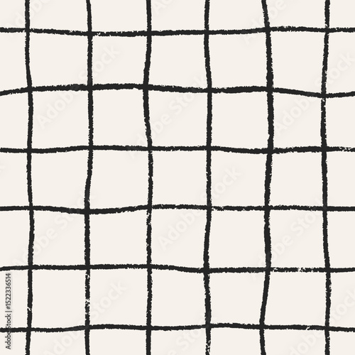 Seamless pattern with simple thin rough grid texture. Checkered design, tiny lines, endless background for textile, fabric, wrapping. Repeating print in modern minimal style. Drawn vector illustration