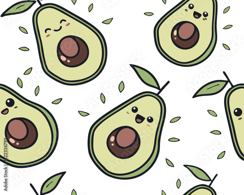 Cute kawaii avocados playfully scattered across a seamless repeat pattern