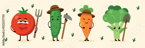 Tomato cucumber carrot and broccoli characters with farm elements in cartoon style isolated on white background