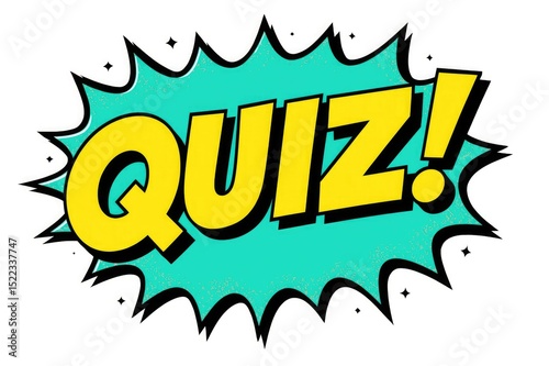 Bright yellow quiz word in a teal pop art speech bubble