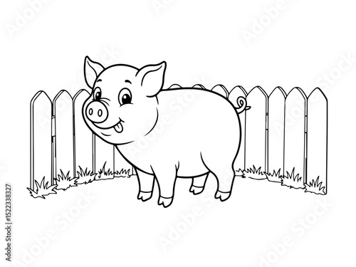 happy pig in the mud, grass pen farm cartoon outline for coloring page, paper a4 printable, vector line art black and white illustration, white background
