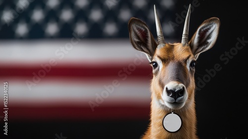 Pronghorn has a badge blank at its neck with a 4th of July flag background. A pronghorn s neck decoration a july emblem on a patriotic backdrop.