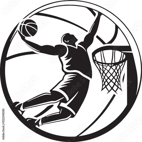 Stylized basketball dunk with bold curves and dramatic motion lines. Ideal for sports apparel, logo badges, or digital use.