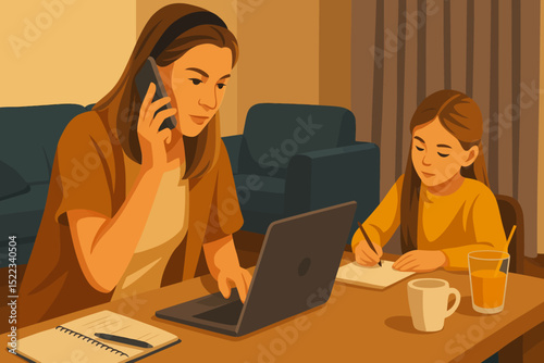 The illustration depicts a warm and cozy indoor setting, likely in a living room or a home office. A woman is multitasking — she is on the phone while working on a laptop, and a notebook with a pen