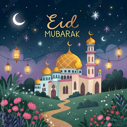 Beautiful eid mubarak greeting card featuring mosque lanterns stars and crescent moon decorations