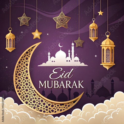 Beautiful eid mubarak greeting card with golden crescent moon star lanterns and mosque silhouette