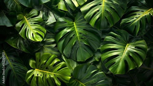 Vibrant green tropical leaves creating a lush and serene background for any creative project