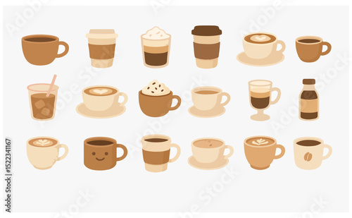 Vector set of various coffee drinks including espresso, cappuccino, latte, iced coffee, and to-go cups. Ideal for café menus, packaging, and breakfast illustrations.