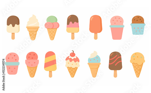 Vector set of colorful ice cream cones and popsicles in different shapes and flavors. Perfect for summer, dessert menus, packaging, and kids' illustrations.