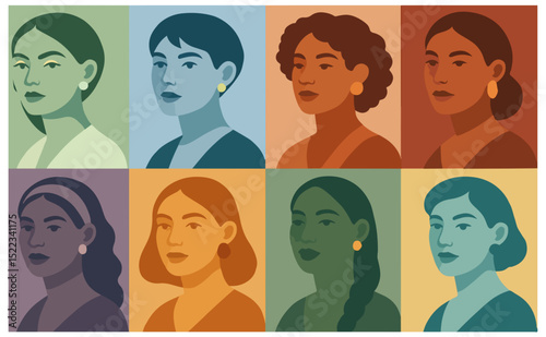 Vector portraits of diverse women in a pop-art style grid. Ideal for feminist themes, diversity, identity, and modern editorial or artistic designs.