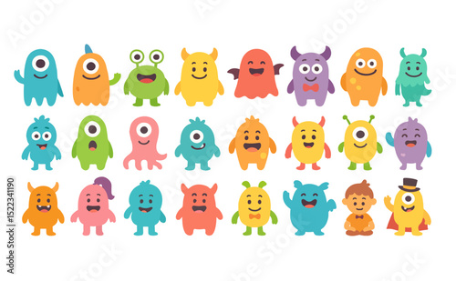 Colorful cartoon monsters with funny faces and unique shapes on a white background.