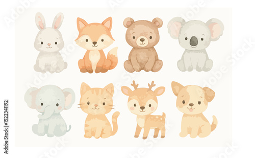 Cute baby animals illustration in soft pastel tones, perfect for nursery decor.