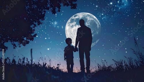Father's Day. Son's day. Dad and child stargazing under a clear night sky. Family spending time together. Generative AI.
