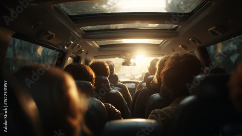 Crowded minivan, passenger looking out, feel hopeful for journey ahead