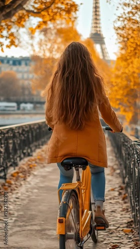 Woman Cycling Through Autumnal Parisian Landscape with Eiffel Tower in Background