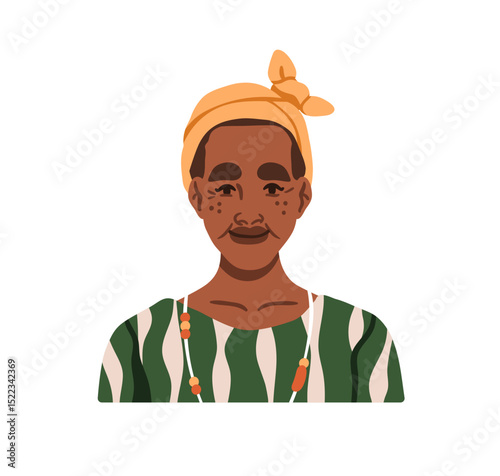 Old aged African-American woman portrait. Elderly female in traditional headwrap, beads, smiling friendly. Senior older character, face avatar. Flat vector illustration isolated on white background