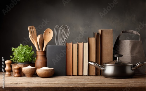 Culinary education setup with cooking utensils, recipe books, measuring tools, and chef equipment, warm kitchen lighting for authentic food preparation. photo