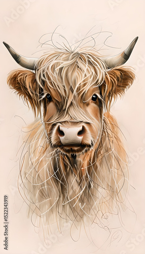 Charming Highland Cow Scribble Drawing with Soft Textures Art