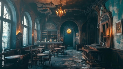 Abandoned Vintage Cafe Interior with Chandeliers and Cracked Walls in Soft Light