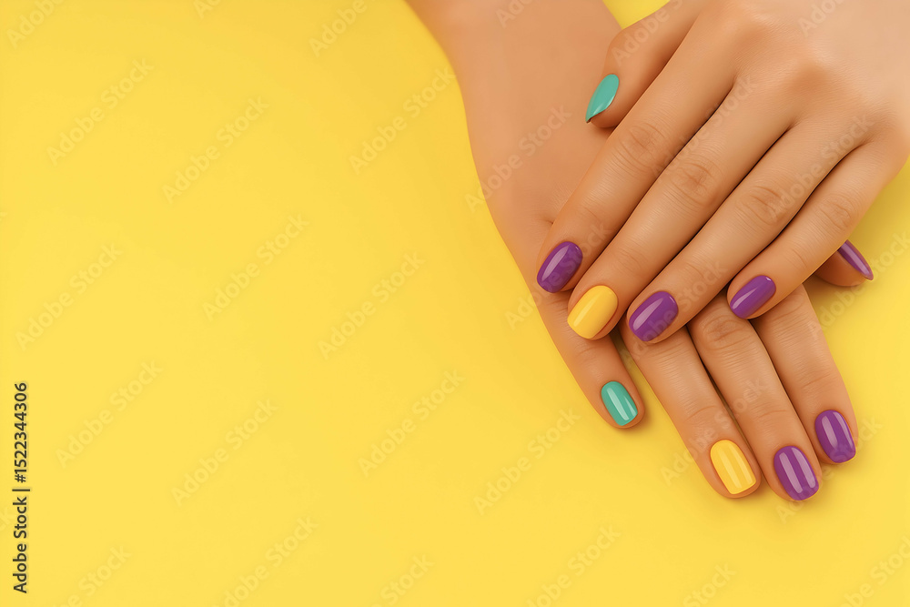 Fototapeta premium Colorful manicure with purple, yellow and turquoise nails on hands over yellow background