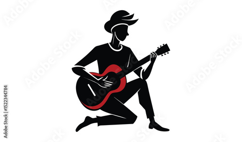 Black Silhouette of a Man with Hat Playing Guitar with Red Accent, Kneeling Style