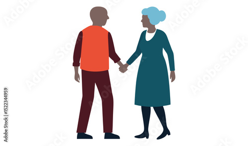 Elderly Couple Holding Hands, Dressed in Modern Casual Attire, Isolated on White