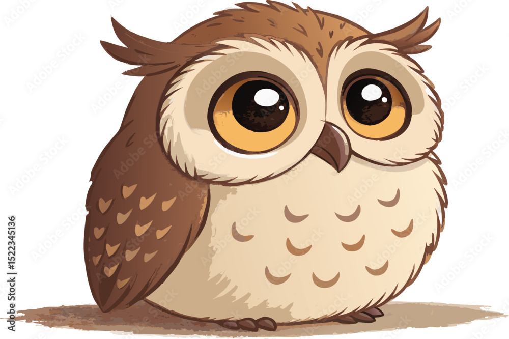 Chubby sleepy owl face with big round eyes cute forest bird vector illustration isolated on a white background.