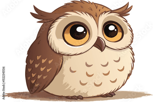 Chubby sleepy owl face with big round eyes cute forest bird vector illustration isolated on a white background.