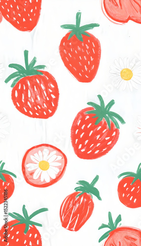 Childlike Crayon Illustration Of Red Strawberries And Daisies