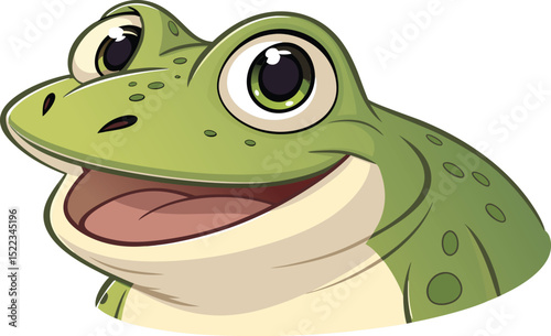 Joyful cartoon frog head with shiny eyes and a big smile cute amphibian vector illustration isolated on white background.