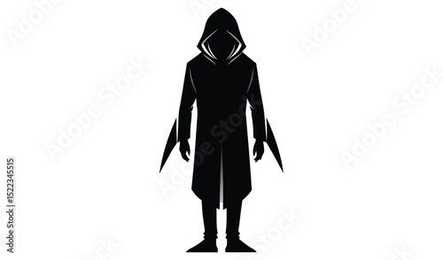 Silhouette of a Mysterious Figure in Cloak with Hood, White Background
