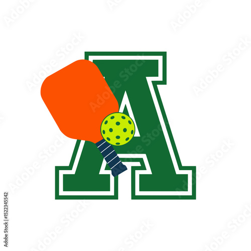 Pickleball letter A monogram with paddle and ball, Sports-themed monogram featuring a bold letter A with an orange pickleball paddle and a yellow perforated ball for branding use.


