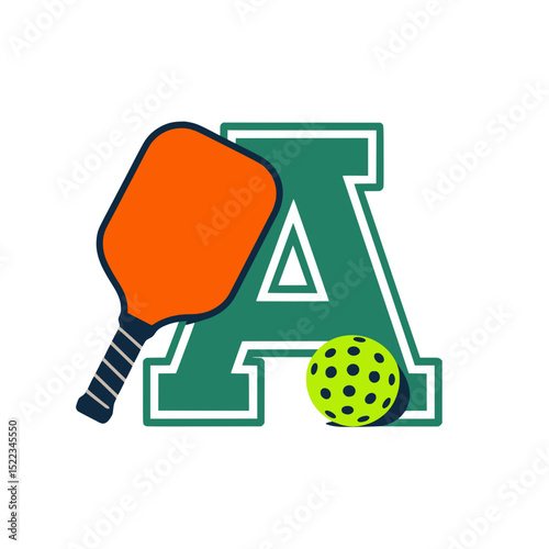 Pickleball letter A monogram with paddle and ball, Sports-themed monogram featuring a bold letter A with an orange pickleball paddle and a yellow perforated ball for branding use.

