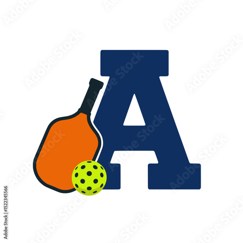 Pickleball letter A monogram with paddle and ball, Sports-themed monogram featuring a bold letter A with an orange pickleball paddle and a yellow perforated ball for branding use.

