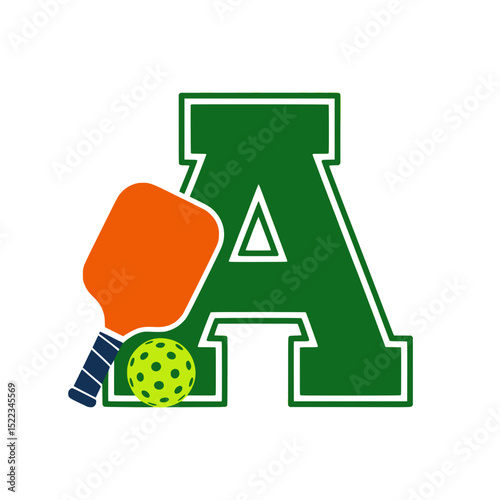 Pickleball letter A monogram with paddle and ball, Sports-themed monogram featuring a bold letter A with an orange pickleball paddle and a yellow perforated ball for branding use.

