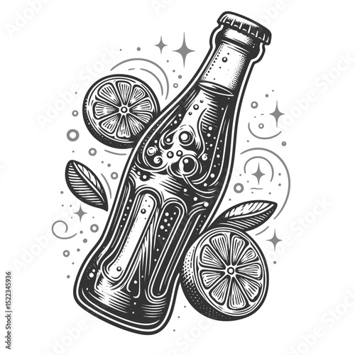 soda bottle surrounded by lemon slices and fizzy bubbles, evoking refreshing summer drink vibes sketch engraving generative ai vector illustration. Scratch board imitation. Black and white image.