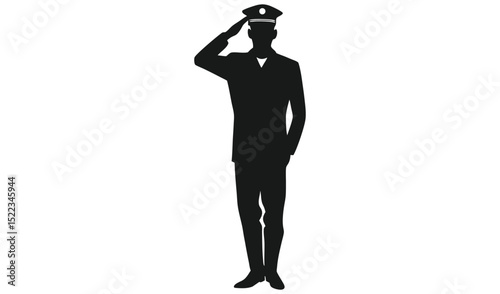 Silhouette of Military Officer Saluting in Black and White Portrait Illustration