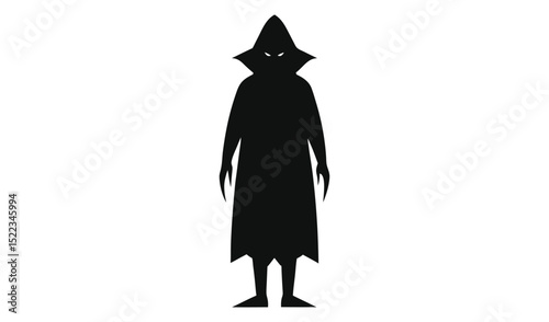 Silhouette of Mysterious Figure in Hooded Cloak with Pointed Fingers on White Background