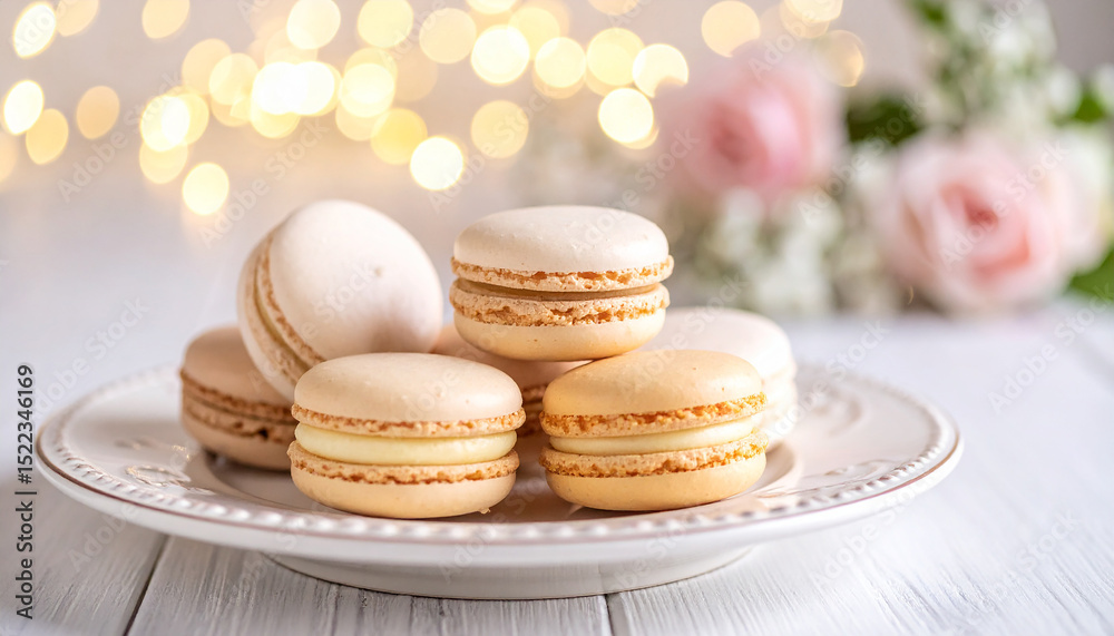 Obraz premium French macaroon on plate. Sweet food. Tasty cookie.