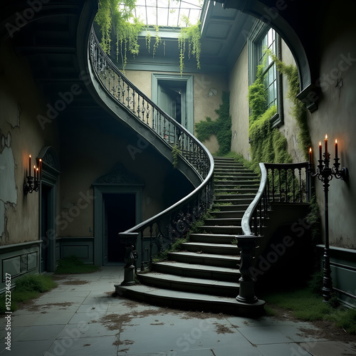 A grand, abandoned circular staircase in a decaying building, largely overtaken by vibrant green vines and moss, illuminated by a large glass dome overhead.