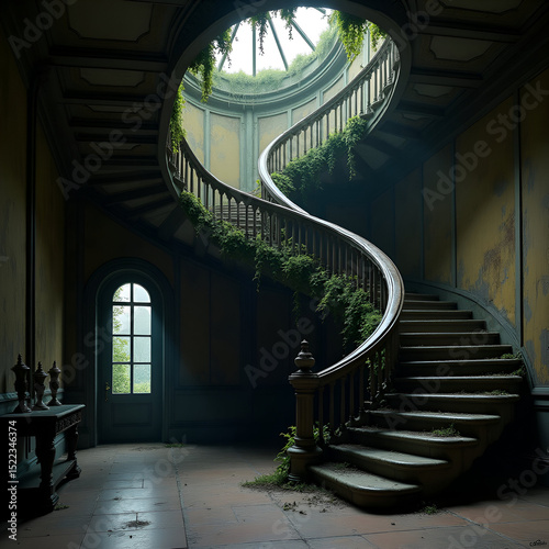 A grand, abandoned circular staircase in a decaying building, largely overtaken by vibrant green vines and moss, illuminated by a large glass dome overhead.