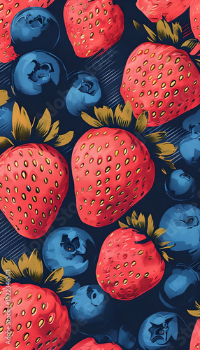 Vibrant Silkscreen Illustration of Strawberries and Blueberries