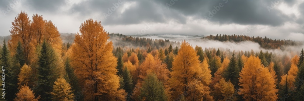 Fototapeta premium Autumnal Forest Landscape Golden Trees Under a Dramatic Sky