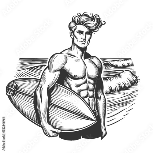 surfer standing shirtless with a surfboard, ocean waves in the background sketch engraving generative ai fictional character vector illustration. Scratch board imitation. Black and white image.